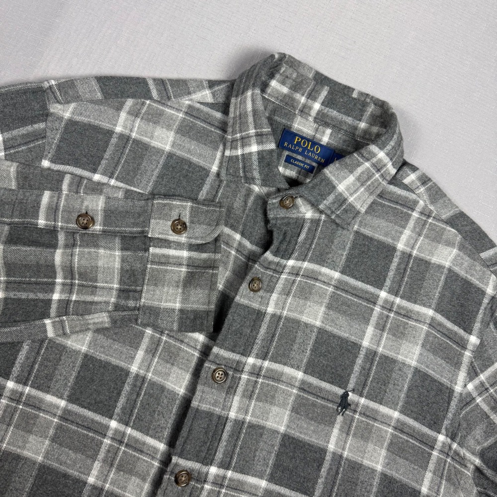 Polo Ralph Lauren Mens Large Classic Fit Grey Plaid Flannel Button Down Shirt